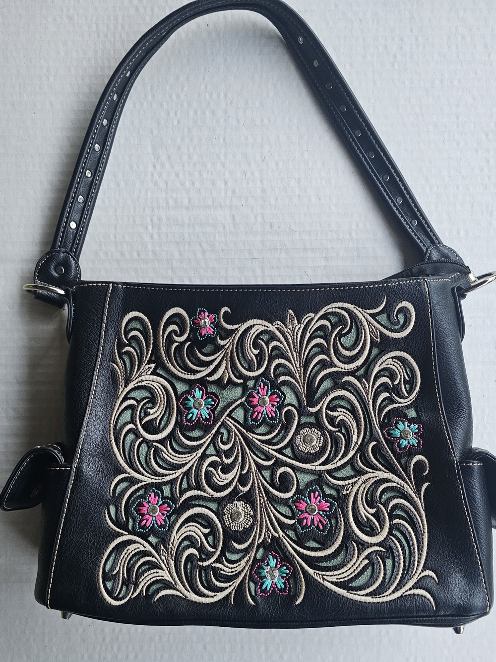 Embroidered Black Shoulder Bag with Cream Scrollwork & Pink-Teal Florals